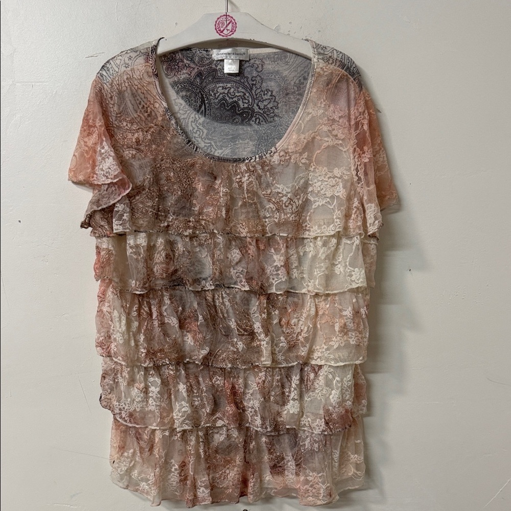 Christopher & Banks Blush Multi Lace Ruffled Tiered Top